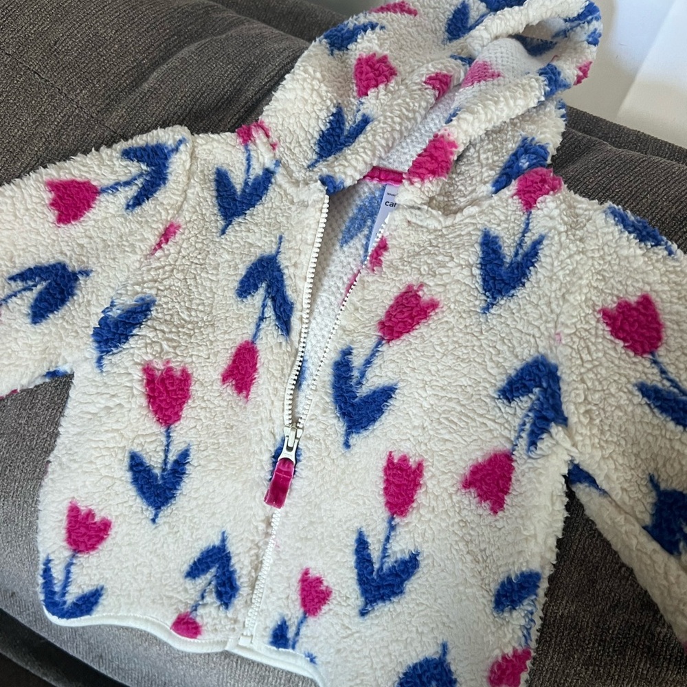 Carter's Cream Sherpa Hoodie with Pink and Blue Flowers